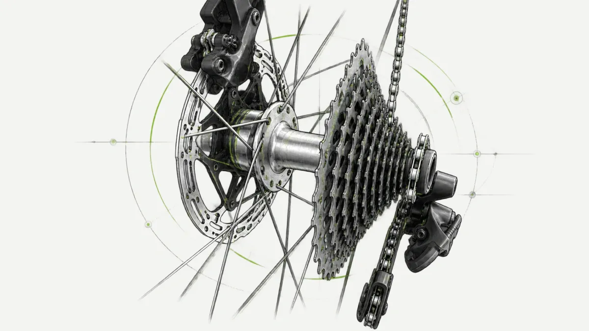 Technische Illustration: Fahrrad-Hinterradnabe mit Kassette, Schaltwerk und Scheibenbremse