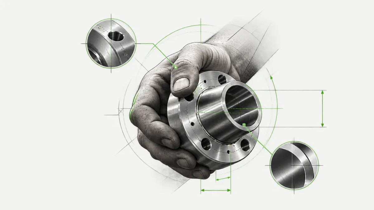 Technische Illustration: gefertigter Flansch in der Hand, mit Detailausschnitten von Bohrung und Lagersitz