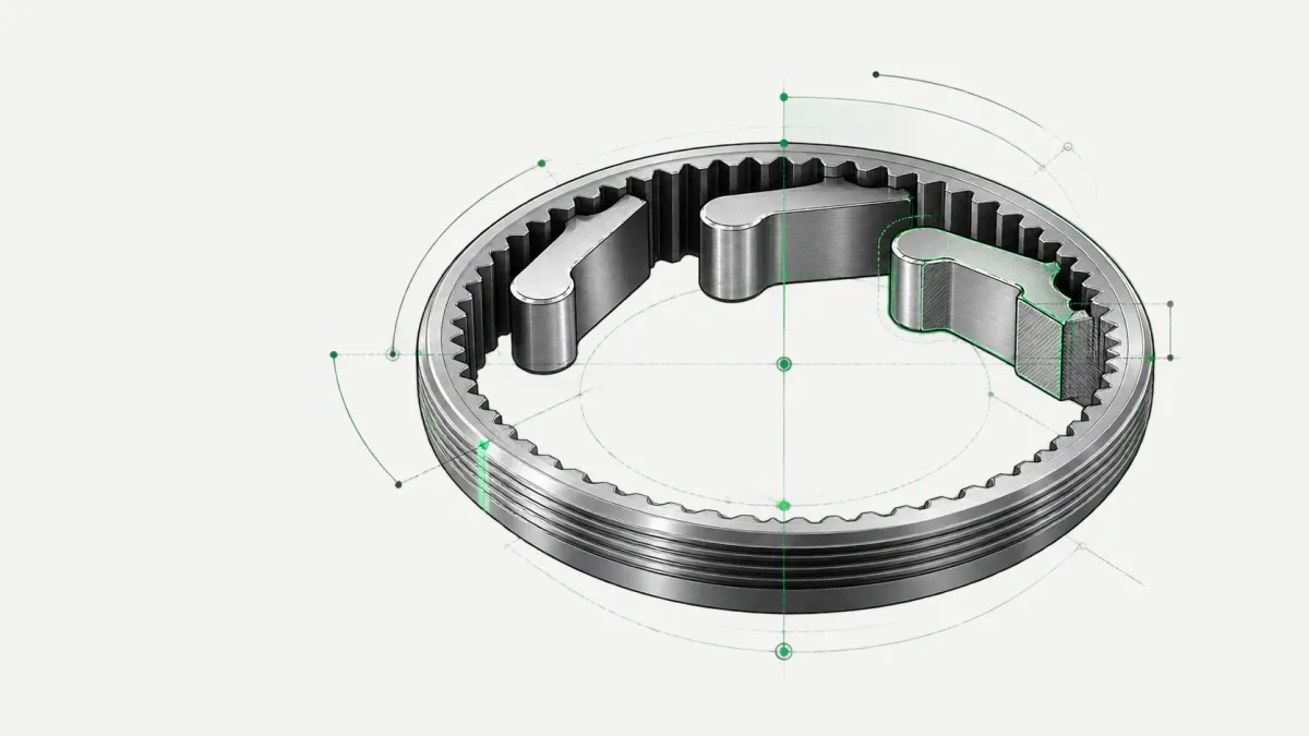 Technische Illustration: innenverzahnter Freilaufring mit drei Sperrklinken, aufgeschnitten dargestellt