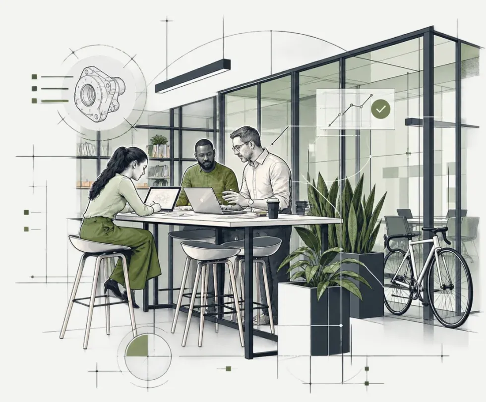 Illustration des INNOfabrik-Coworking-Bereichs mit Arbeitsplätzen und Besprechungszone