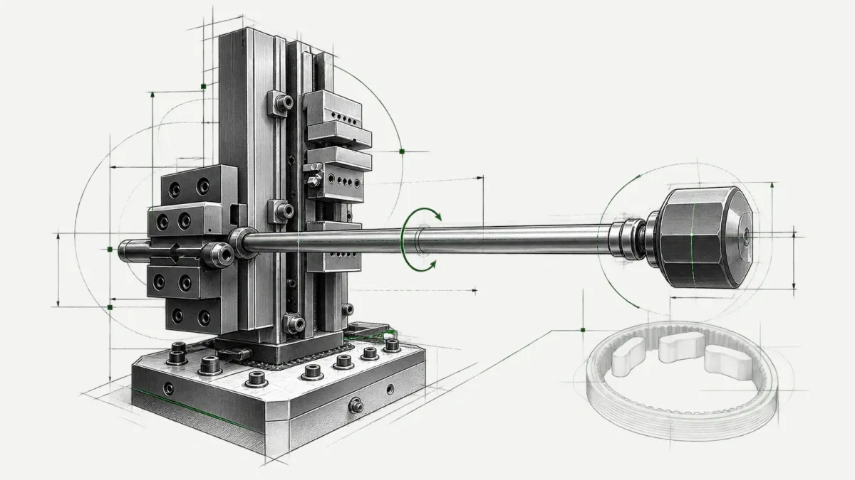 Technische Illustration: lange Welle zwischen Spannturm und Mitnehmer einer CNC-Maschine, daneben der Zahnkranz