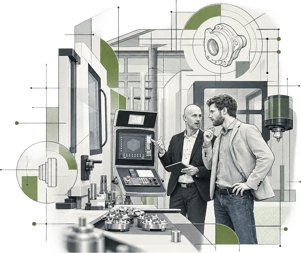 Technische Illustration: zwei Fachleute besprechen ein Bauteil an der Steuerung einer CNC-Maschine, daneben Detailansichten von Nabe und Spannmittel