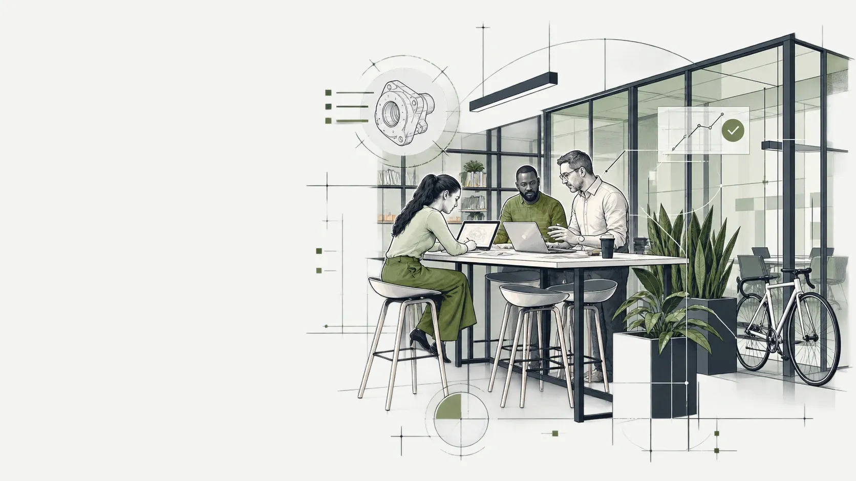 Technische Illustration: Team an einem Arbeitstisch in der INNOfabrik, dahinter ein verglaster Besprechungsraum