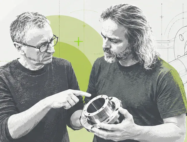 Joachim Heuer im technischen Gespräch mit einem Ingenieur über ein gefertigtes Bauteil